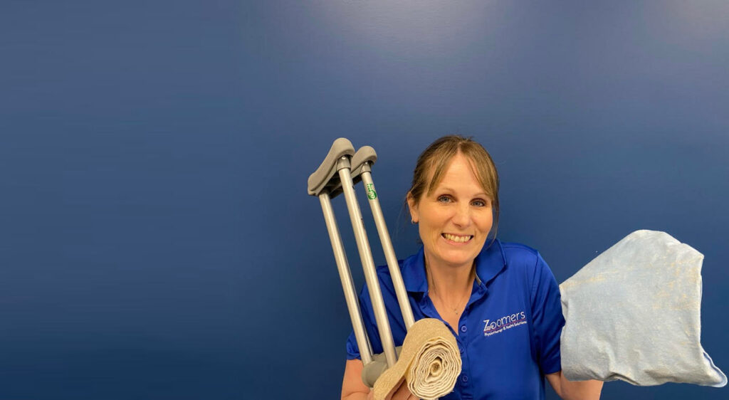 Zoomers’ Physiotherapist, Laura Lundquist, has her hands filled with some of the tools you might use at home to increase your comfort.